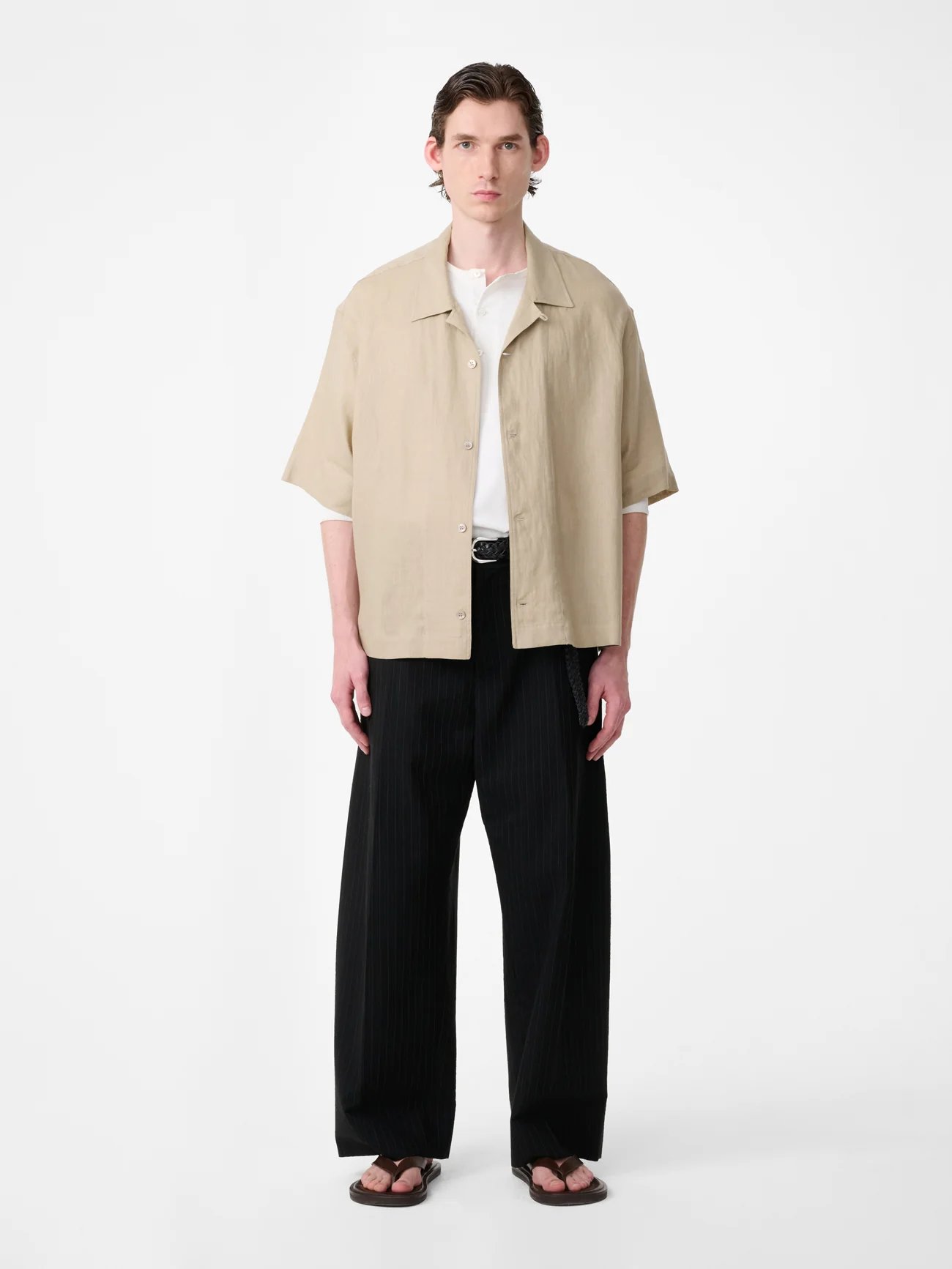 Oryn Short Sleeve Linen Shirt in Sand - Image 2