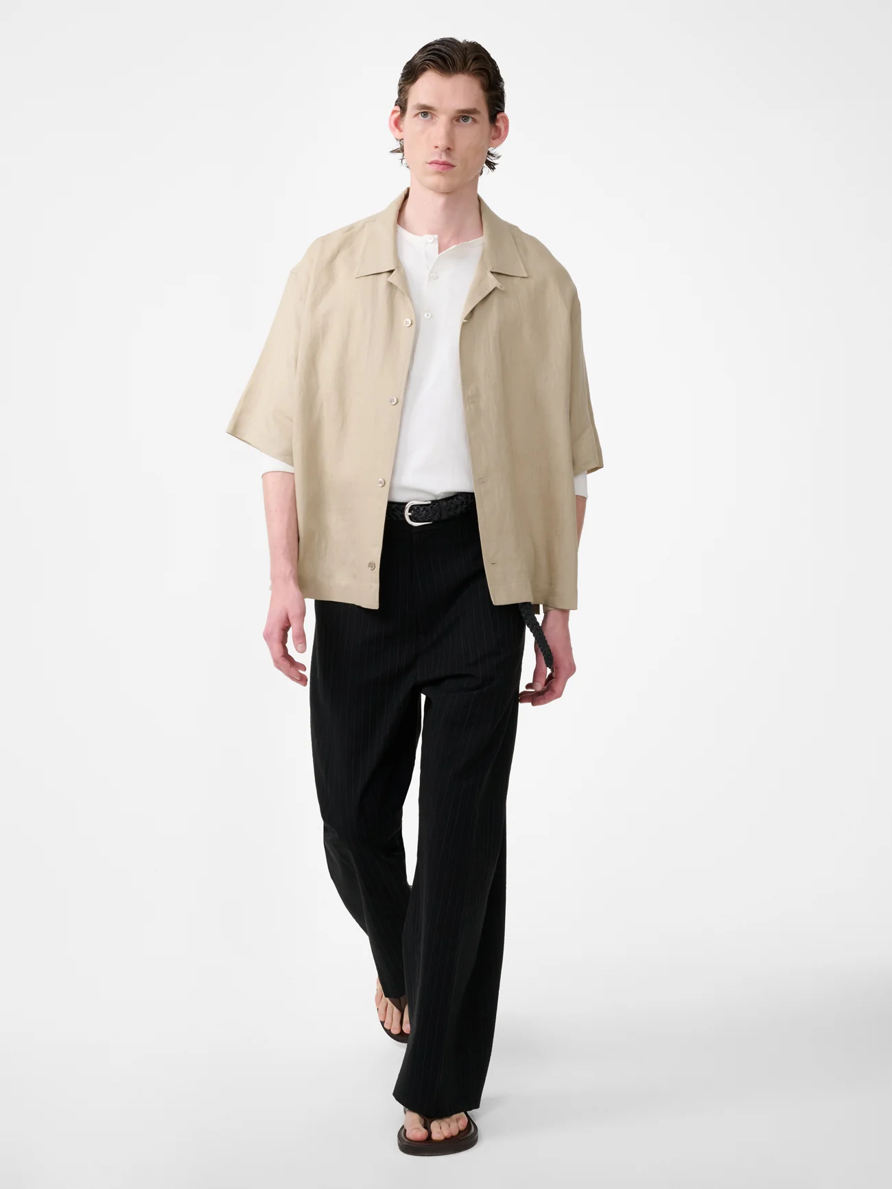 Oryn Short Sleeve Linen Shirt in Sand - Image 3