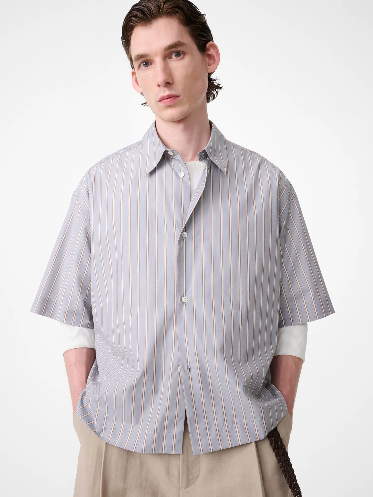 Sanko Short Sleeve Shirt in Grey / Brown Stripe