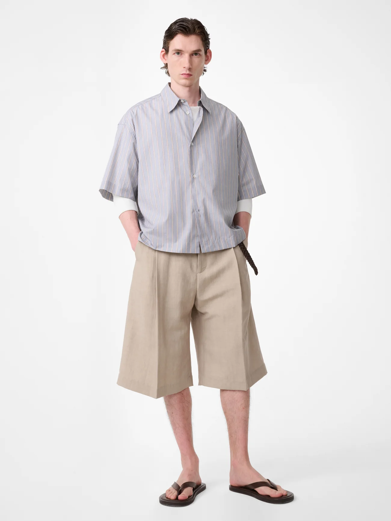 Sanko Short Sleeve Shirt in Grey / Brown Stripe - Image 3