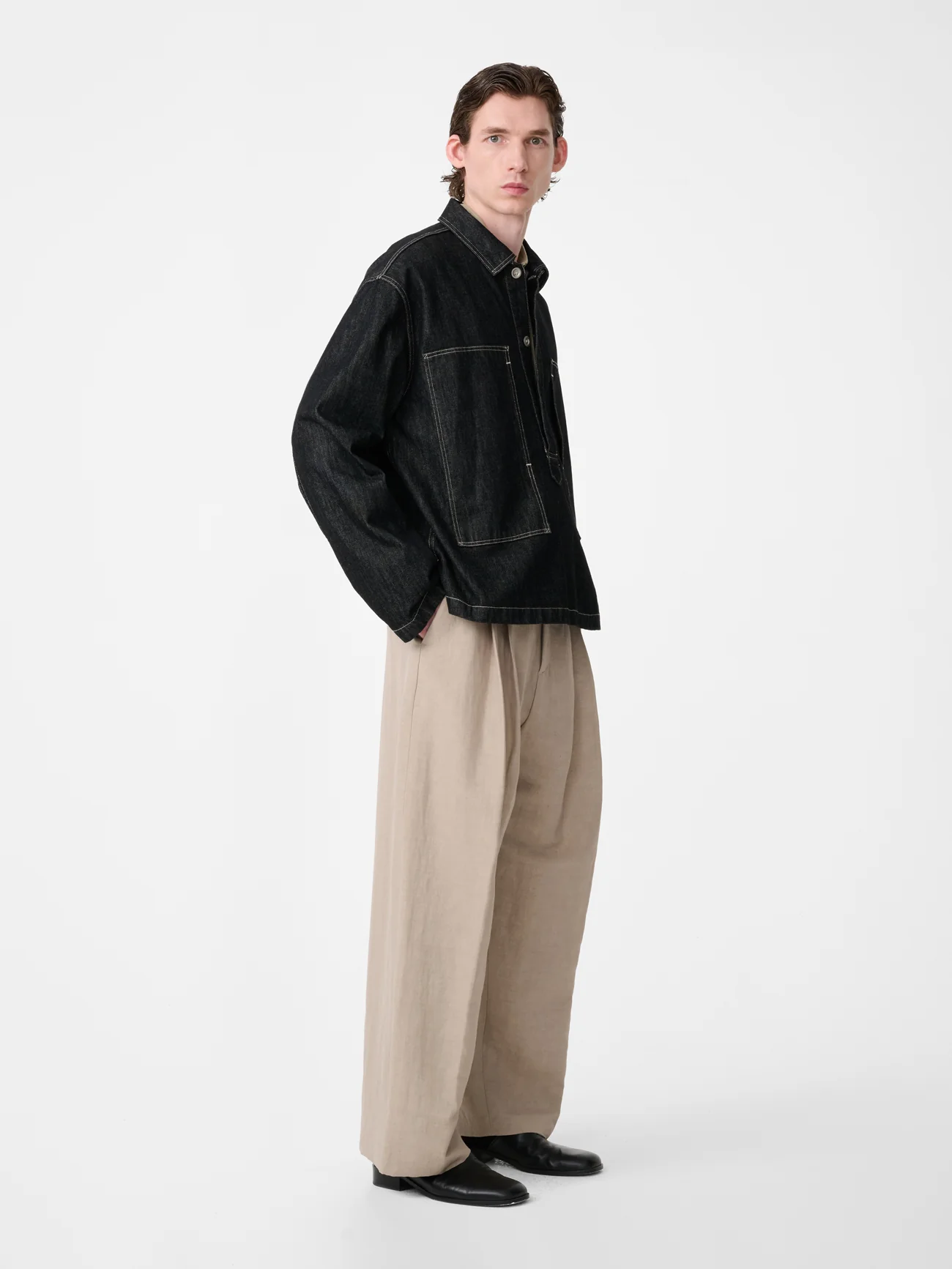York Denim Polo Shirt in Black / White Weft - Image 2
