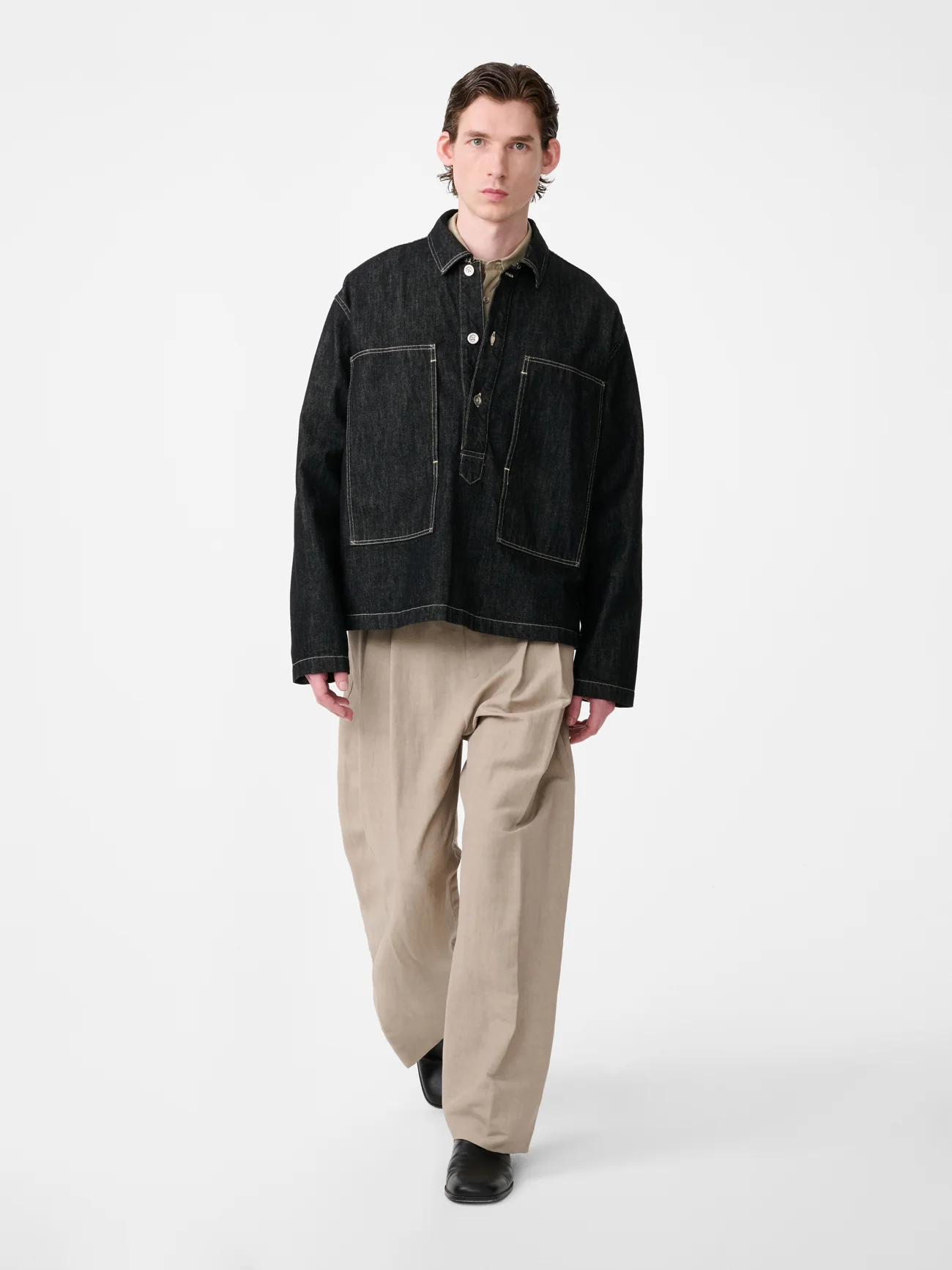 York Denim Polo Shirt in Black / White Weft - Image 3