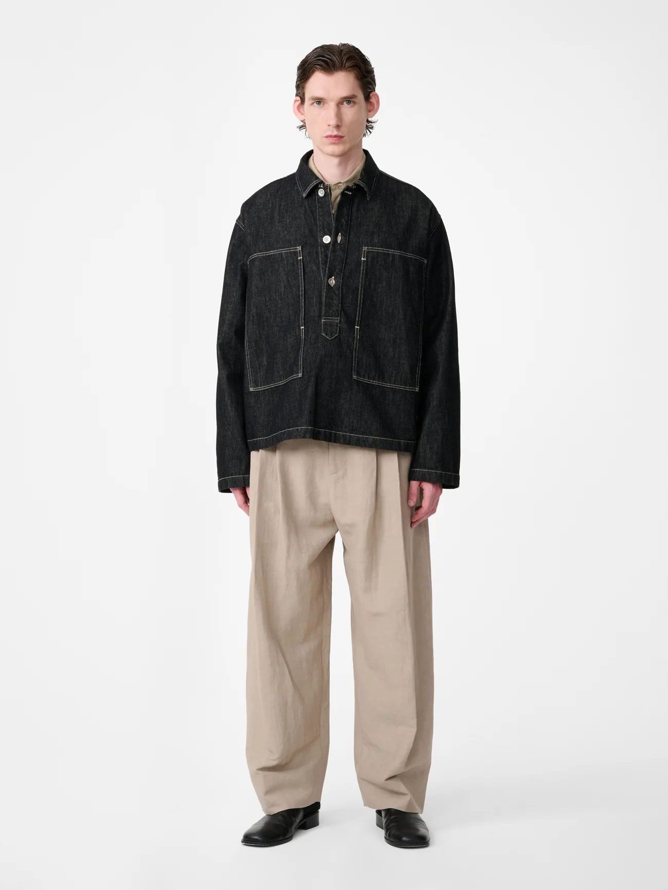York Denim Polo Shirt in Black / White Weft - Image 4