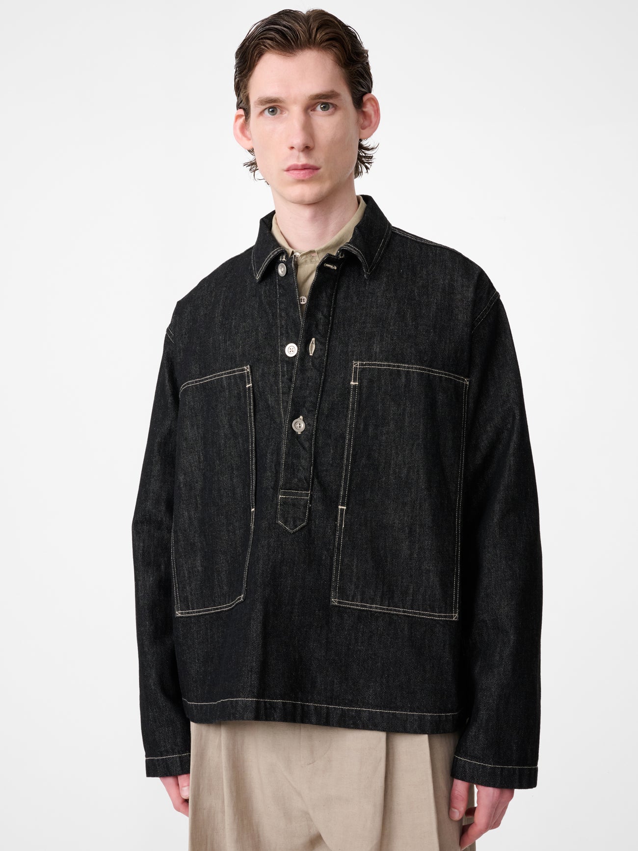 York Denim Polo Shirt in Black / White Weft - Image 6